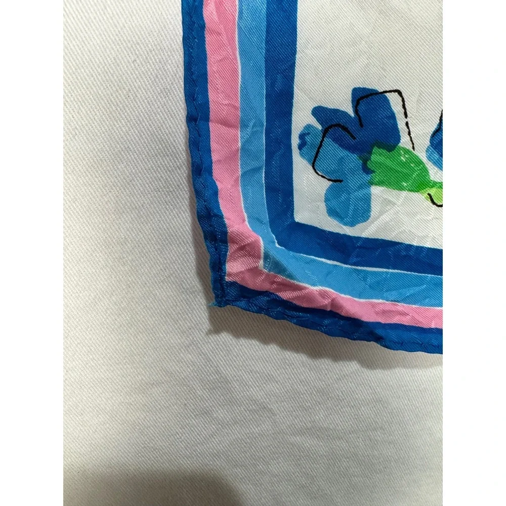 Vera Neumann Vintage Floral Square Scarf White Blue Pink Acetate Ladybug Logo 22